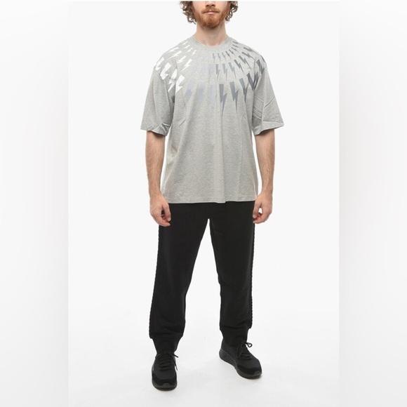 NEIL BARRETT COTTON FAIR-ISLE THUNDERBOLT EASY FIT T-SHIRT - Picture 1 of 6
